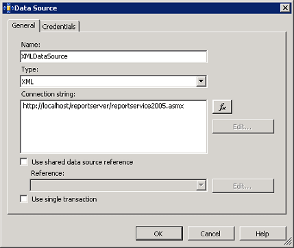 Screenshot of an XML data source type