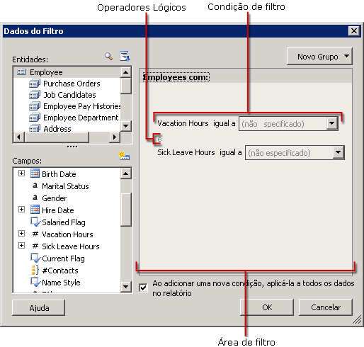 Caixa de diálogo Dados de Filtros