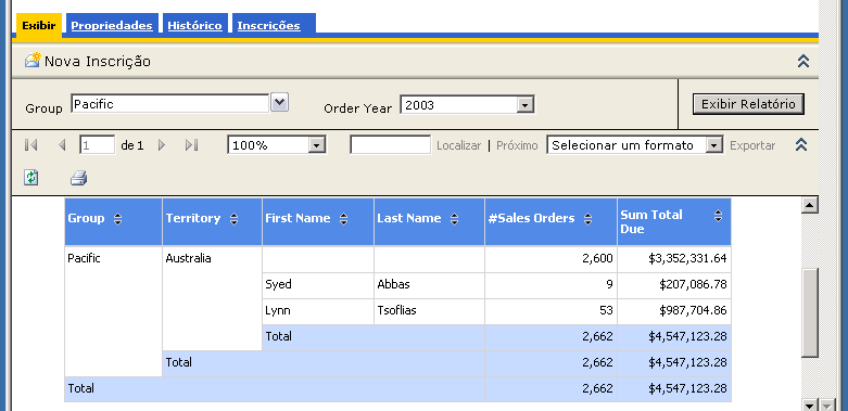 O parâmetro Grupo e especificado no relatório renderizado.