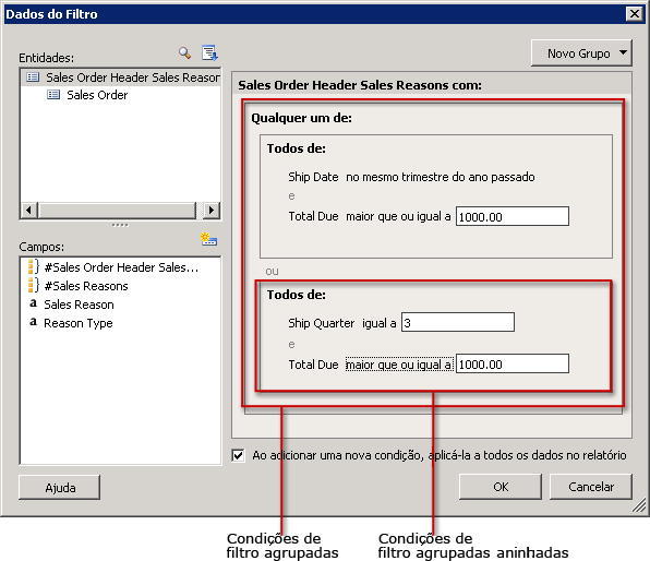 Filtrar dados com condições agrupadas