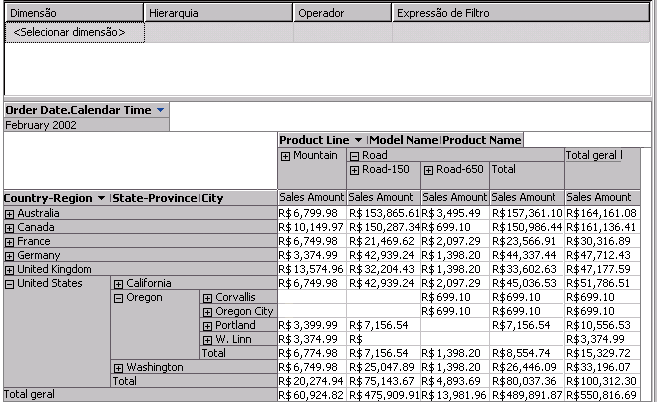 Vendas pela Internet por região e linha de produtos