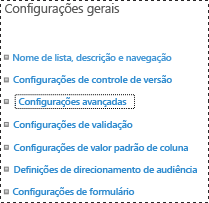 configurações avançadas da biblioteca do SharePoint