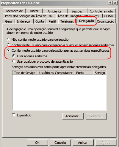 Página propriedades da conta no Active Directory