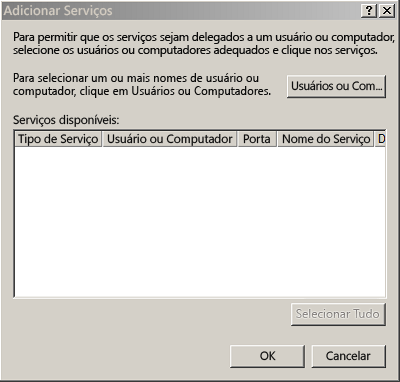 Página de adição de serviços no Active Directory