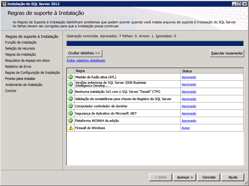 Regras de suporte à instalação do SQL com aviso de firewall