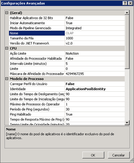 Captura de tela da página de propriedades das Configurações Avançadas