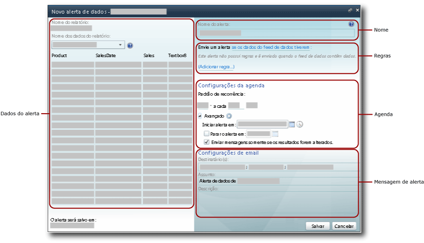 Áreas dentro da interface de usuário do Designer de Alertas