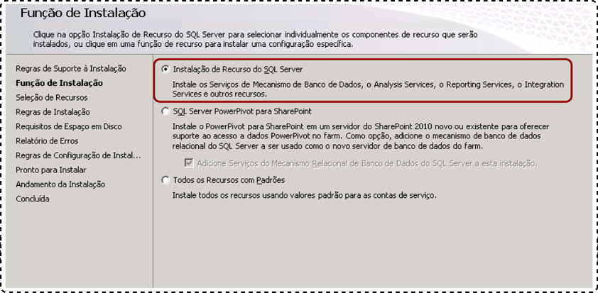 Instalação de recurso do SQL Server para função de instalação