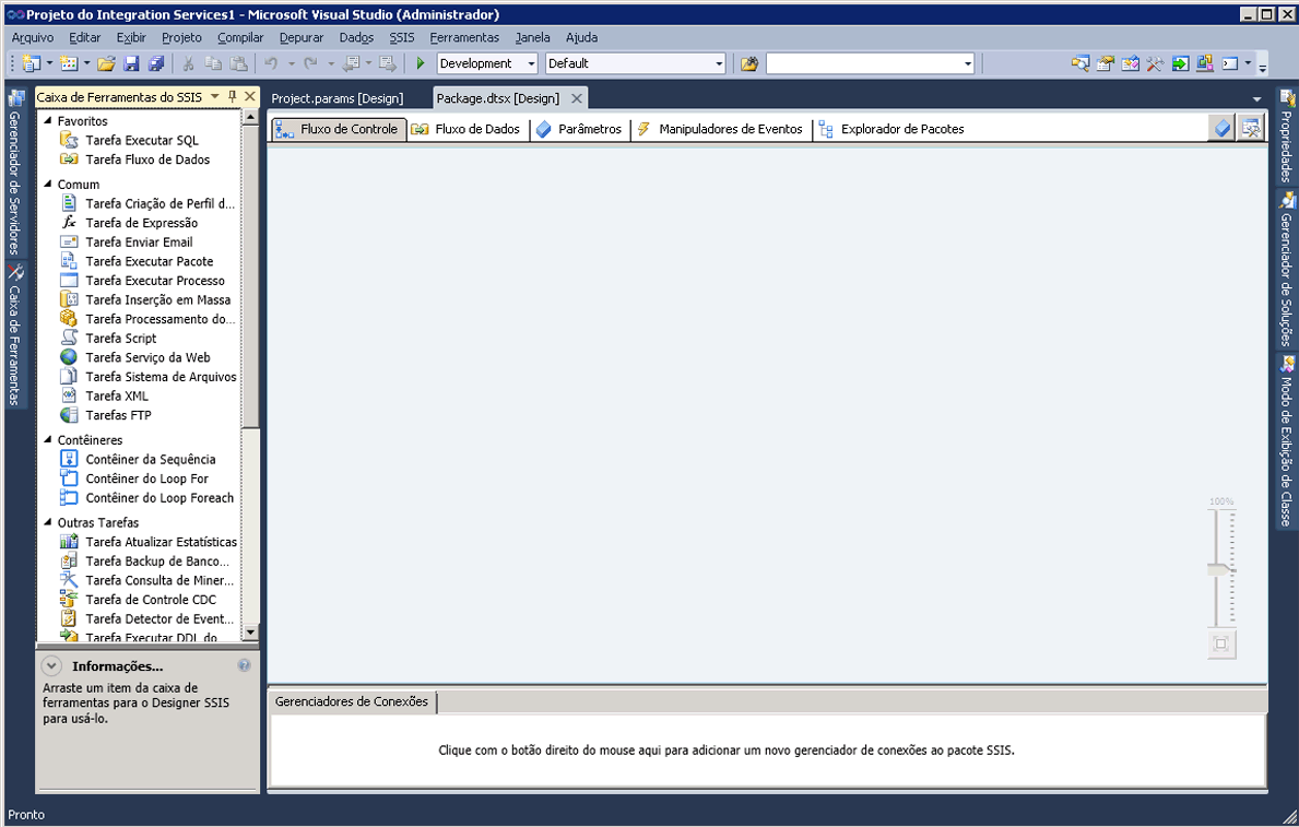 Instantâneo do designer de SSIS e da caixa de ferramentas