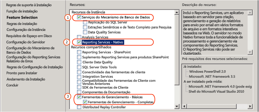 Seleção do Modo Nativo do SSRS na Seleção de Recursos