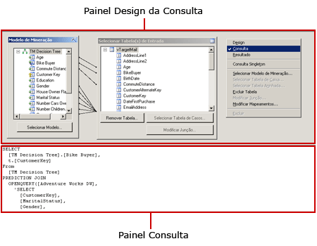 Designer de consulta DMX do Analysis Services, exibição de consulta