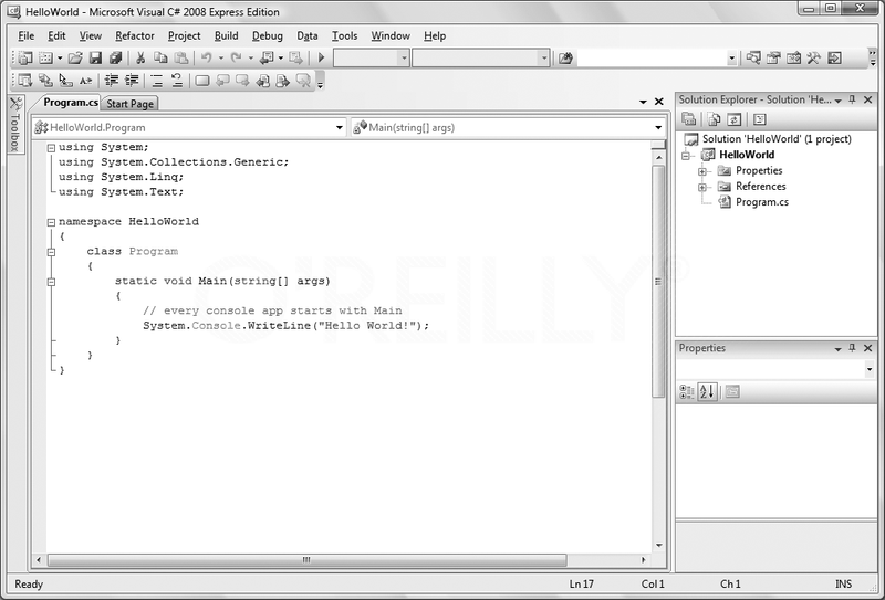 The IDE is where you'll be spending most of your time as a C# developer. Notice that the interface contains multiple windows.