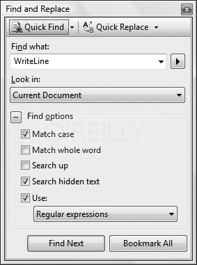 The Find and Replace features work mostly like they do in any Windows application, although in C# Express, you have the option of searching single files or the whole solution, and other advanced features such as regular expressions.