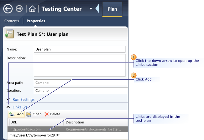 Adicionar Externo Links para o plano de teste