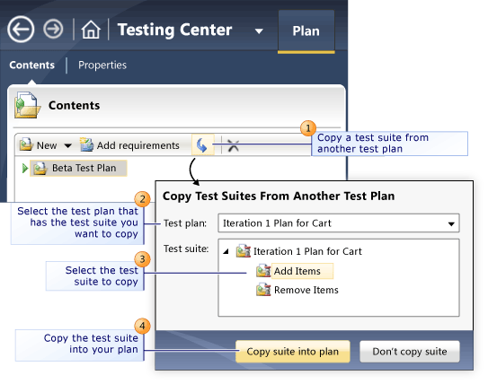 Copiar conjuntos de testes de outro plano de teste