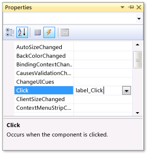 Janela de propriedades mostrando evento Click