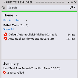 Resultados do teste que falhou