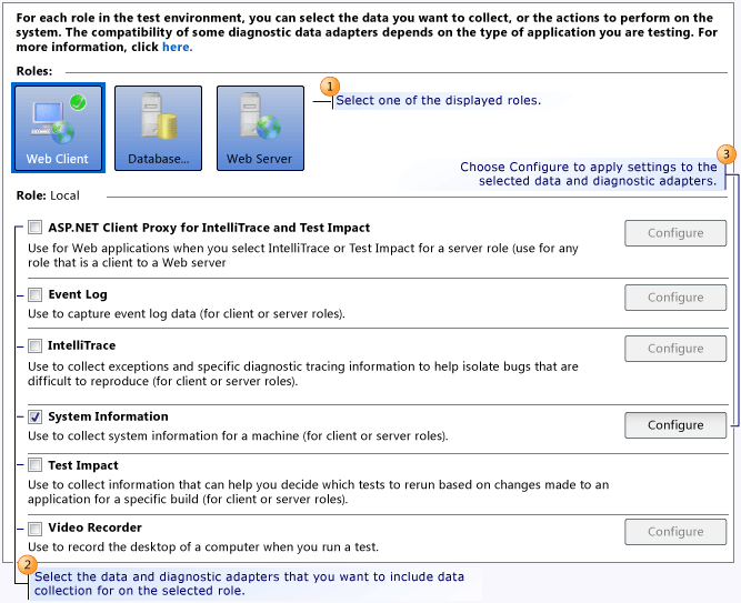 Página de dados e diagnóstico de teste de configuração