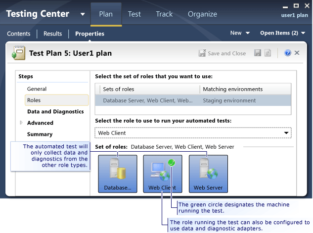 Página de funções de configuração de teste