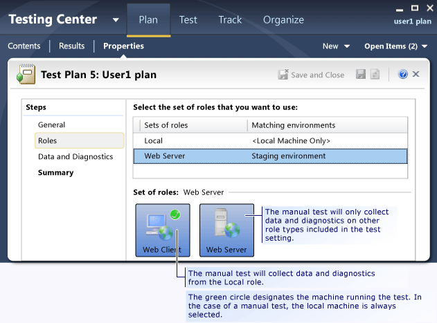 Página de funções de configurações de teste