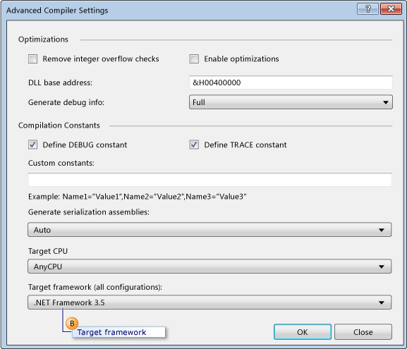 Lista de drop-down de framework de destino