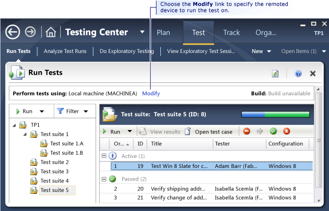 Selecione o local para executar o teste manual