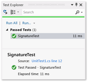 Explorer de teste de unidade com um teste passado