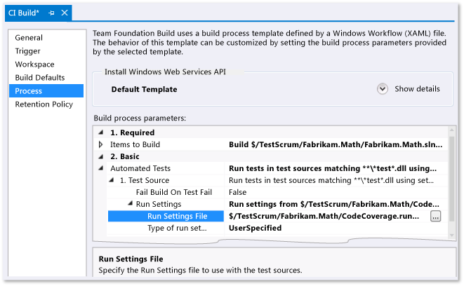 Especificação de runsettings em uma definição de compilação