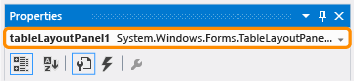 A janela Propriedades que mostra o controle TableLayoutPanel