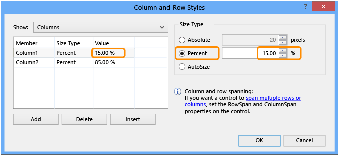 Estilos de coluna e linha TableLayoutPanel