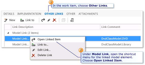 Open linked model element from a work item