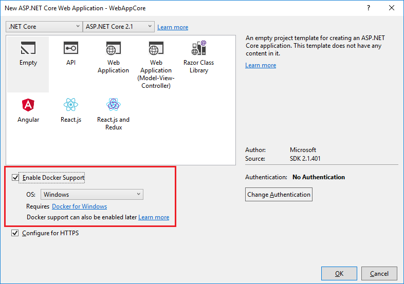 Screenshot showing how to enable DockerS Support for new ASP.NET Core web app in Visual Studio.