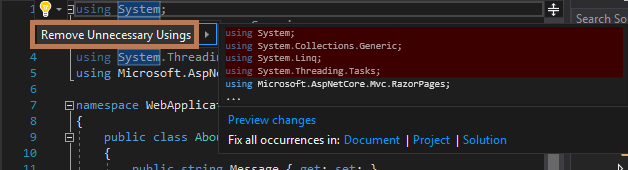 Screenshot shows Remove Unnecessary Usings highlighted.  It's below the Quick Actions light bulb icon.