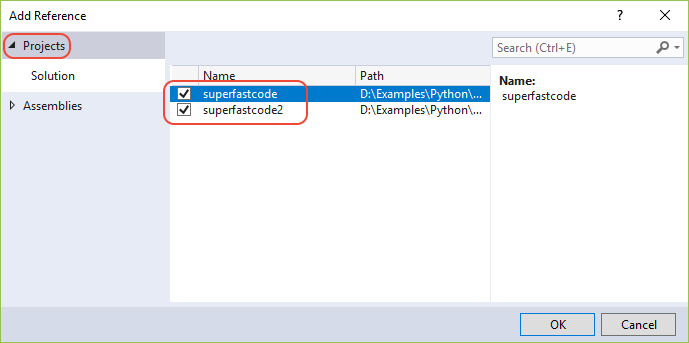 Screenshot showing how to add a reference to the "superfastcode" project.