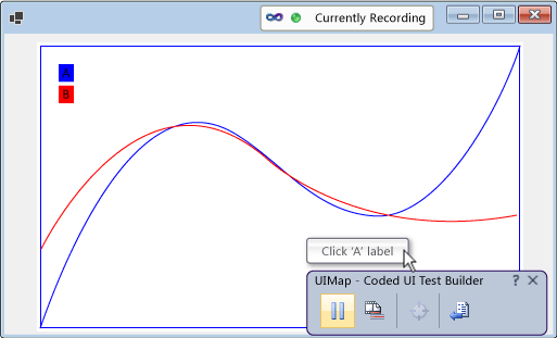 Screenshot of the recording window in the coded UI test builder. The Pause button is highlighted and Click 'A' label appears in a tool tip.