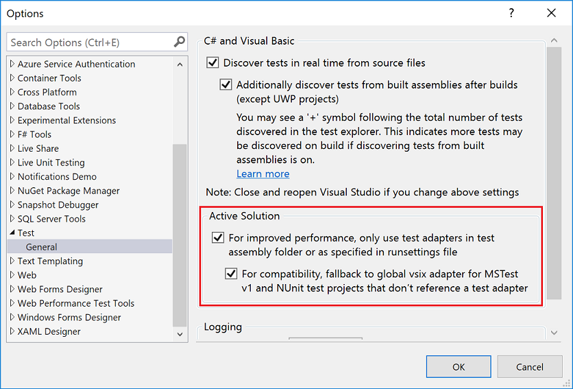 Test Explorer Adapter behavior in tools options