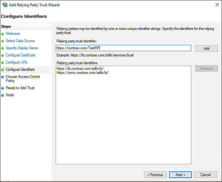 Screenshot of the Configure Identifiers page of the Add Relying Party Trust Wizard showing identifiers added to the Relying party trust identifiers section.