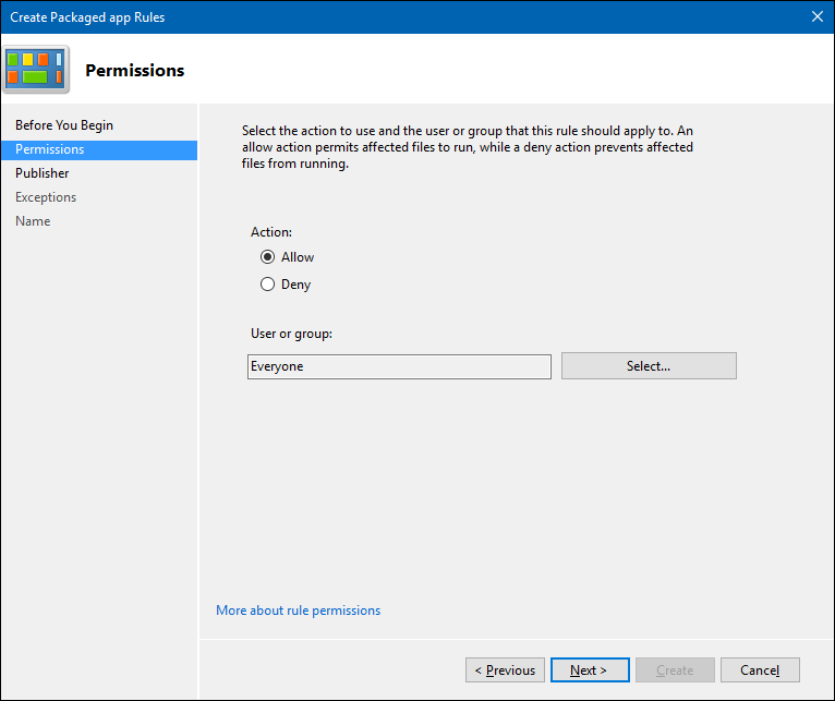 Create Packaged app Rules wizard, set action to Allow.