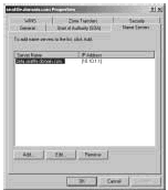 Figure 19-11: Configure name servers for the domain through the domain's Properties dialog box.