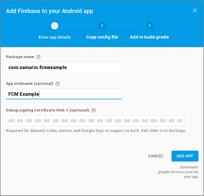 Inserindo o exemplo de FCM como o apelido do aplicativo