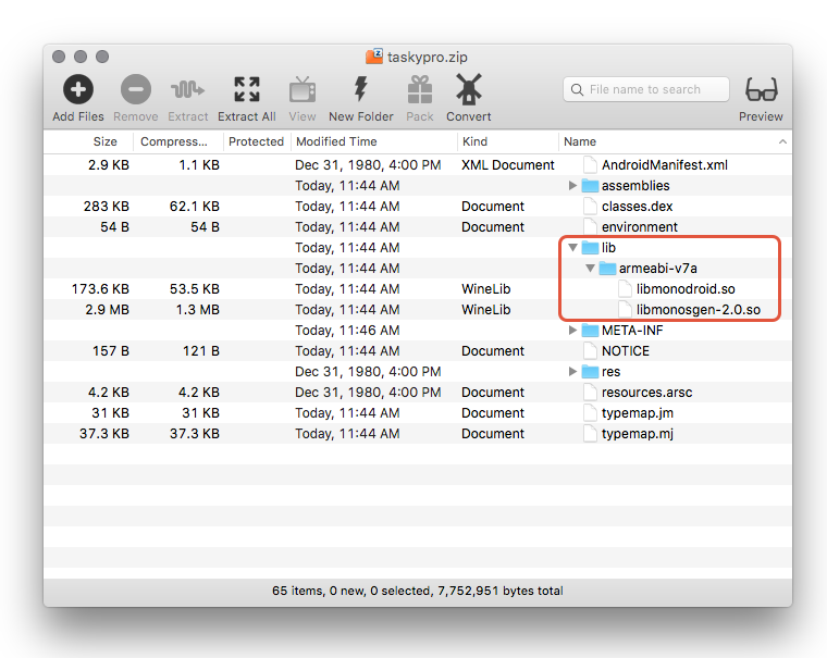 Captura de tela de arquivos .so na pasta armeabi-v7a de taskypro.zip