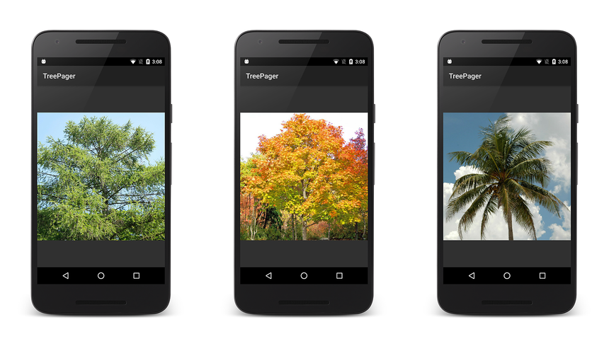 Capturas de tela do aplicativo TreePager passando pelas imagens da árvore