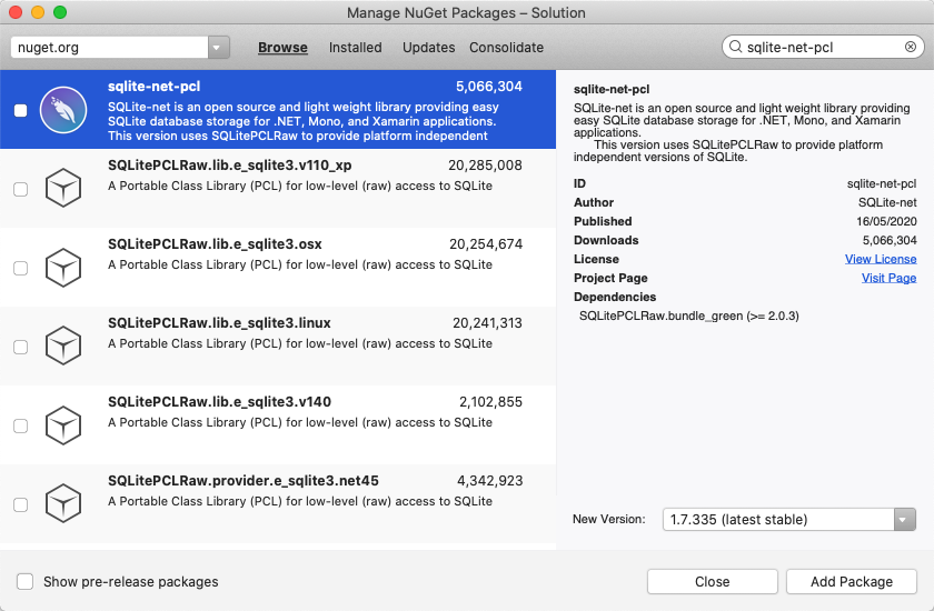 Selecione sqlite-net-pcl