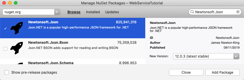 Captura de tela do pacote do NuGet Newtonsoft.Json no Gerenciador de Pacotes do NuGet