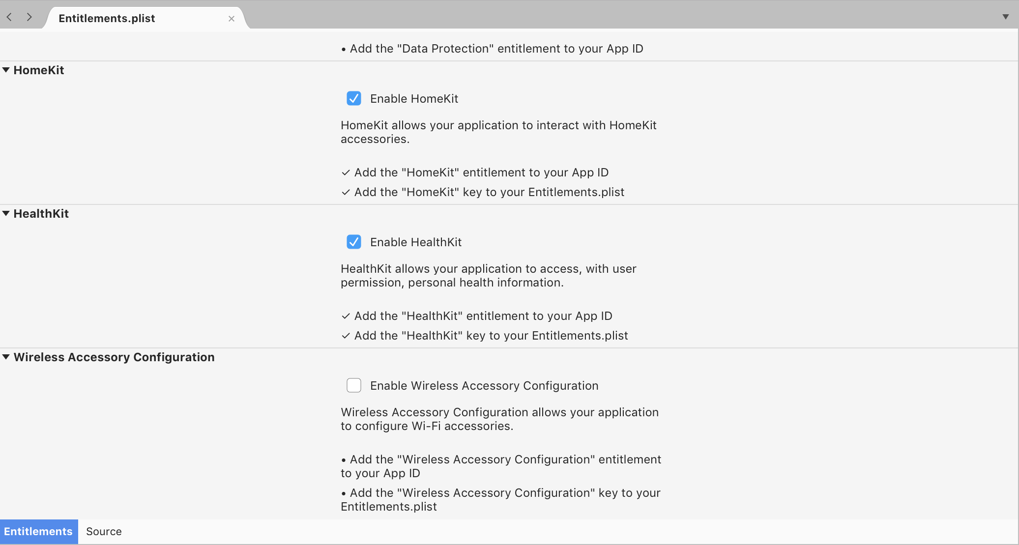 Screenshot shows contents of the Entitlements.plist file.
