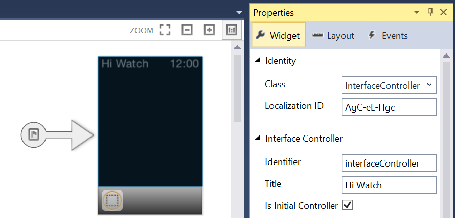 Definir o Identificador e o Título do Controlador de Interface como interfaceController e Hi Watch