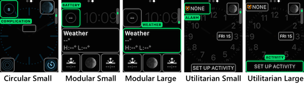 Os 5 tipos CLKComplicationFamily disponíveis: Circular Small, Modular Small, Modular Large, Utilitarian Small, Utilitarian Large