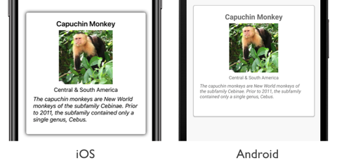 Captura de tela de um layout horizontal do CarouselView, no iOS e Android