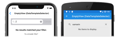 Captura de tela de uma seleção de modelo de exibição vazia do runtime CollectionView, no iOS e no Android