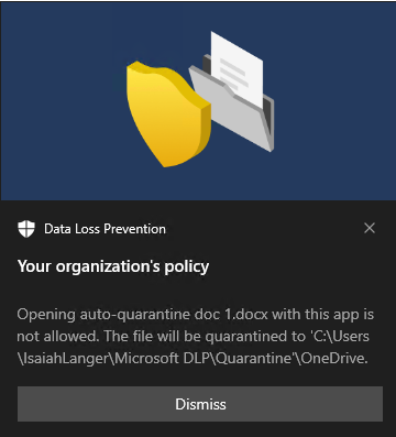 Esta captura de ecrã mostra a mensagem de notificação do utilizador de prevenção de perda de dados de que a ação de sincronização do OneDrive não é permitida para o ficheiro especificado e que o ficheiro será colocado em quarentena.